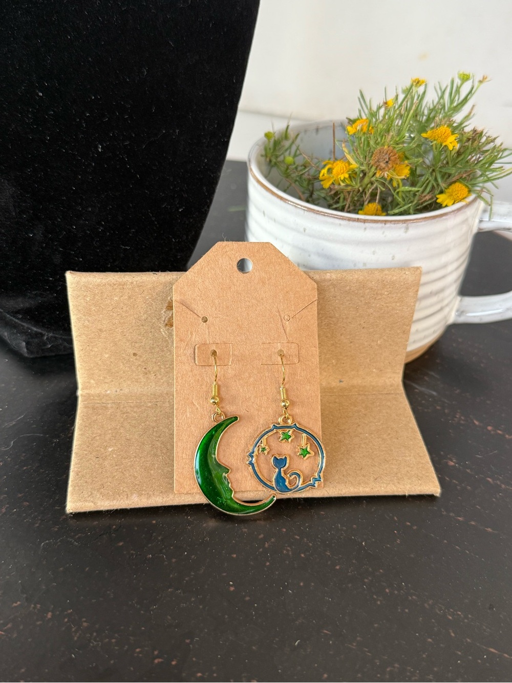 Green Crescent and Cat Star Enamel Drop Earrings - Women Jewelry